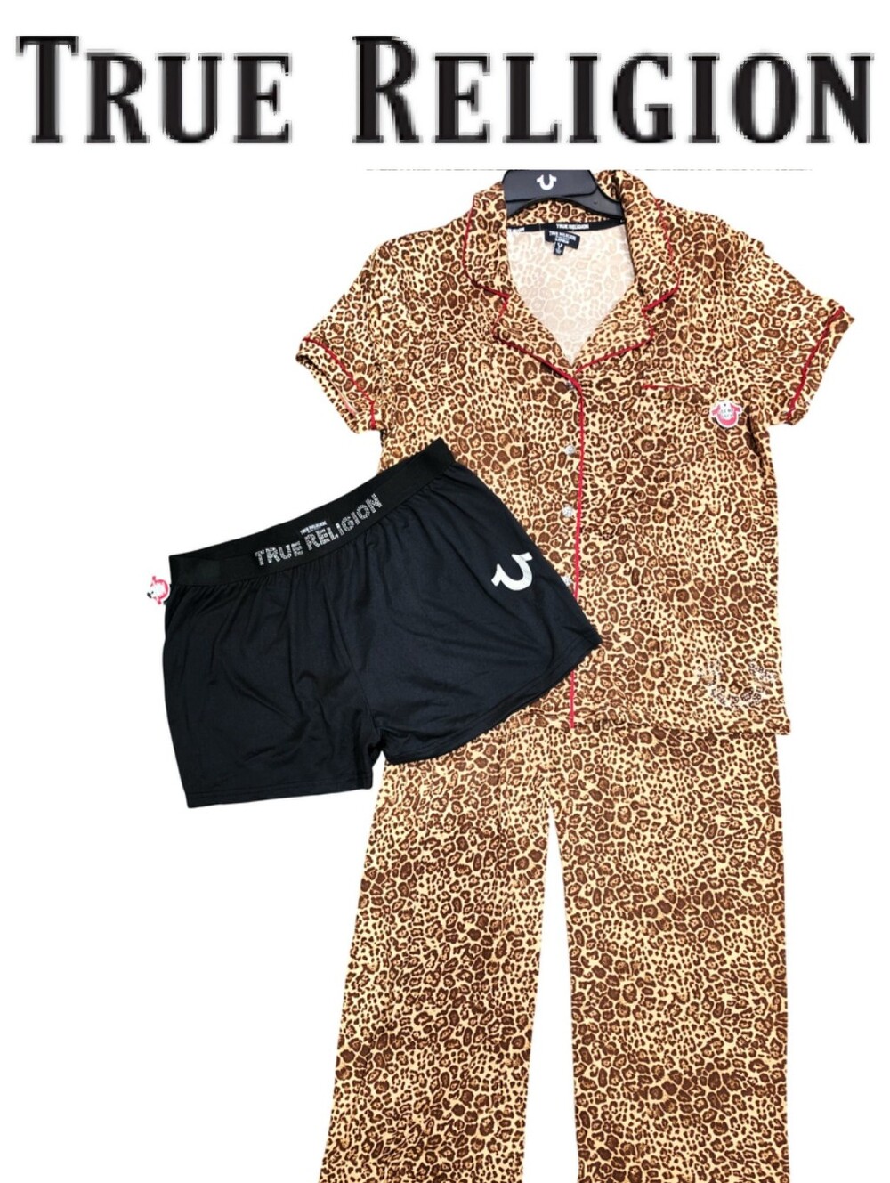 True Religion 3-PC Leopard-Print/Solid Logo Band Foil Horseshoe Pajama Set